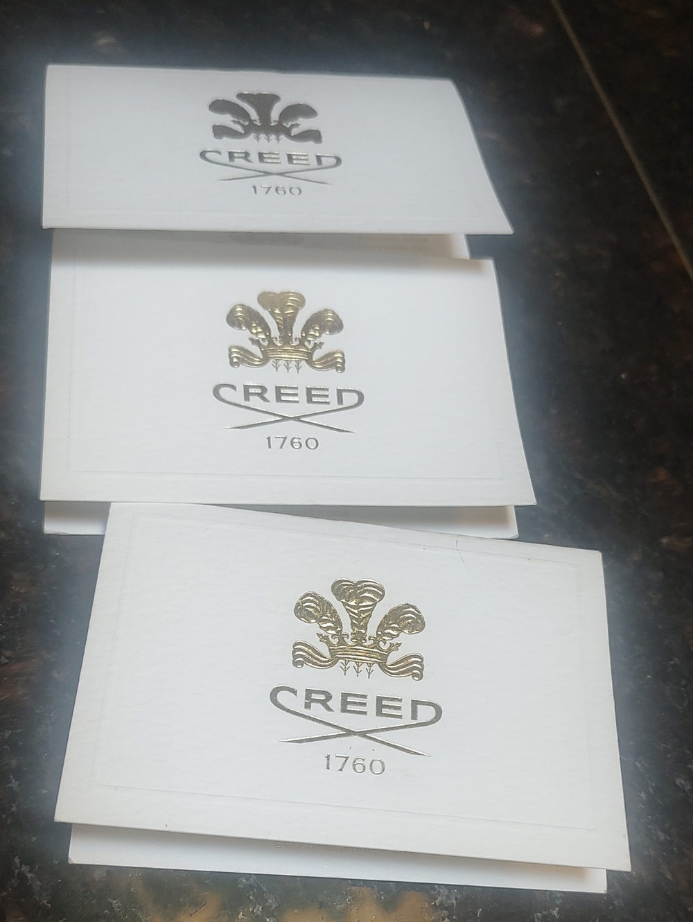 Creed Fragrance White Note Cards with Gold Embossed Crest